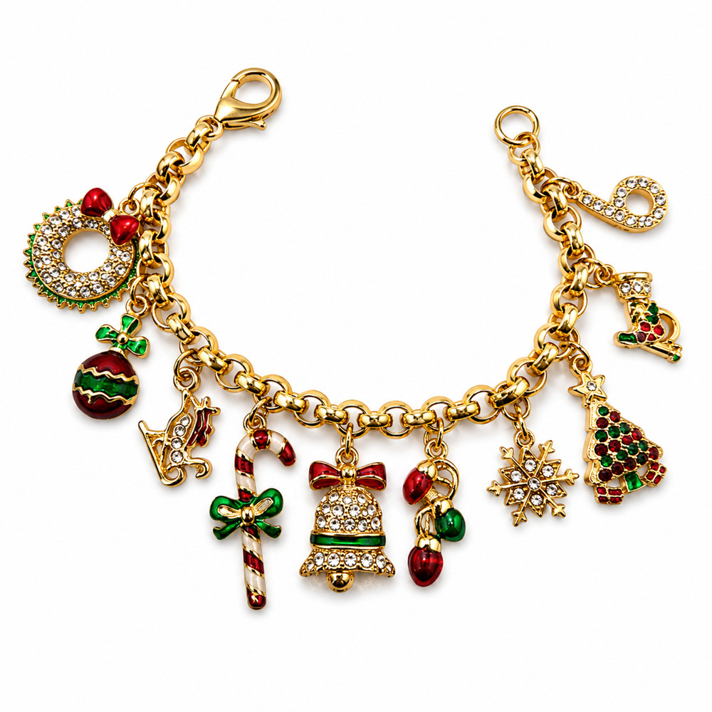 Vintage Christmas Charm Bracelet 10 Enamel Rhinestone Charms Gold Tone 1980s